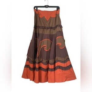 Forest Fairy Y2K Abstract Appliqué Grunge Brown Orange Lagon Tiered Maxi Skirt